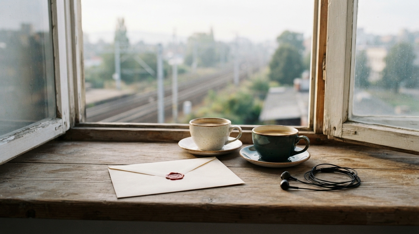 A sealed plain envelope with a small red wax heart beside two differently colored ceramic coffee cups and wired earbuds on a wooden windowsill, soft morning light, distant railway tracks blurred outside the window.