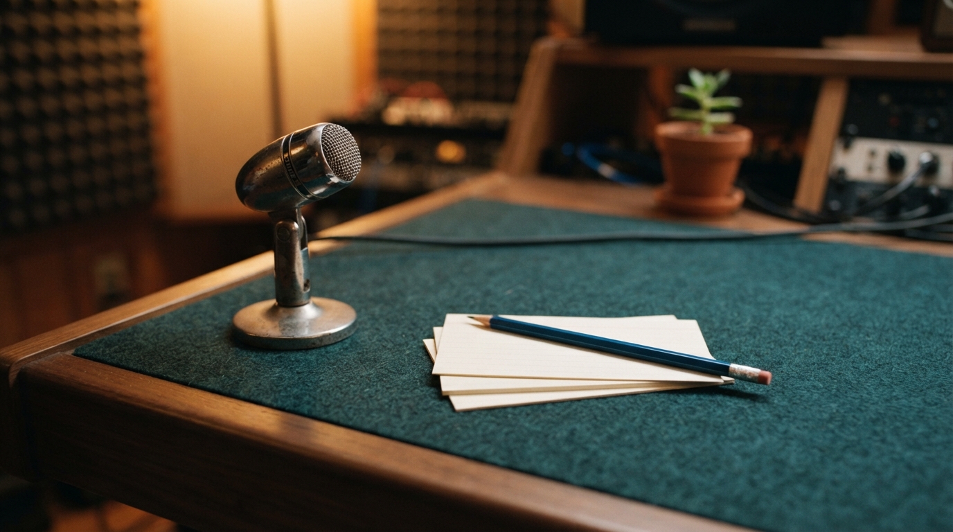 A vintage chrome microphone beside stacked ivory index cards and a blue pencil on a dark teal studio desk, with a softly blurred green seedling in warm amber light.