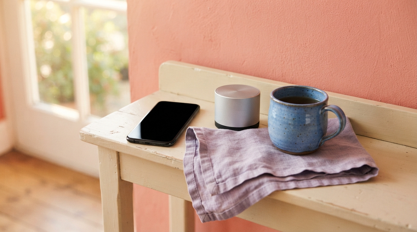 A smartphone with a dark screen beside a small silver portable speaker and a handmade blue ceramic cup on a pale cream shelf, with a folded lavender linen cloth against a coral wall in bright late-afternoon light.