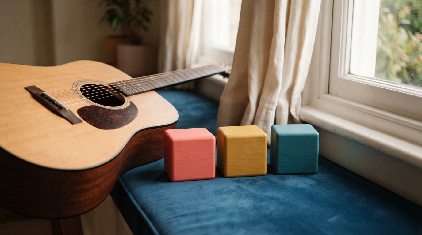 The body of an acoustic guitar beside separate matte coral, mustard, and teal wooden blocks on a deep blue window bench, with a folded cream curtain in morning light.