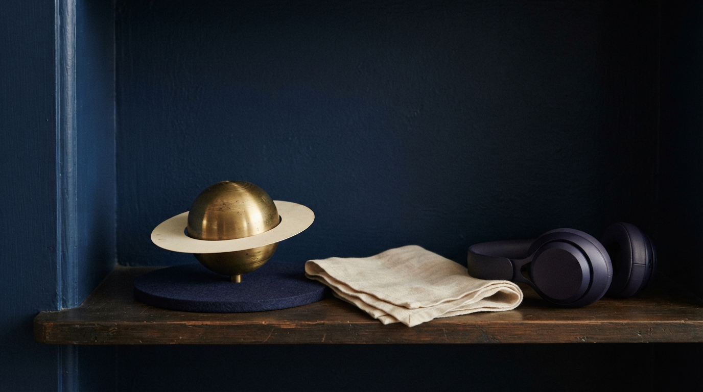 A small brass Saturn model with a cream paper ring on a navy display base beside closed dark violet headphones and a folded cream cloth, in a deep blue alcove with warm evening light.