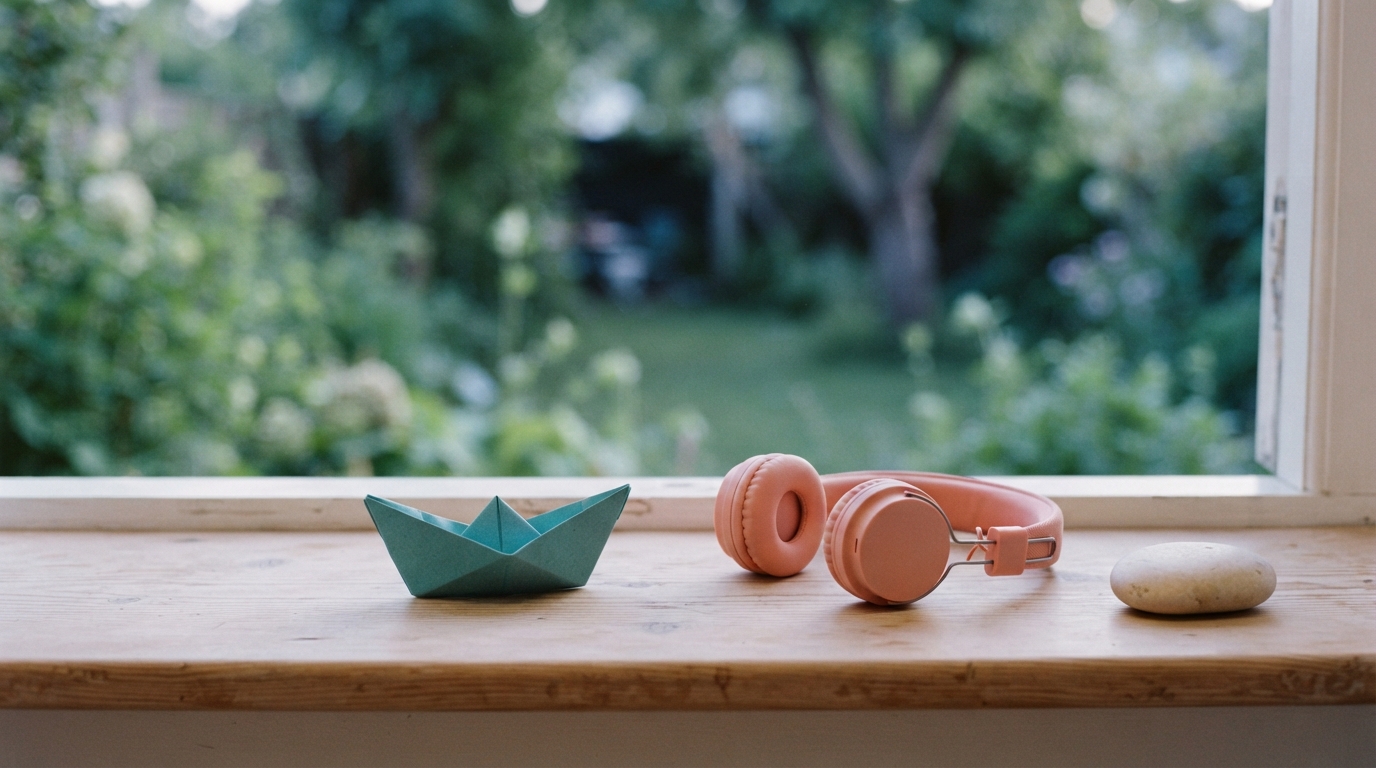 A small folded matte teal paper boat, closed pale-coral over-ear headphones, and a smooth oval cream pebble rest on a light-birch windowsill beside a softly blurred pale-green garden in lavender evening light.