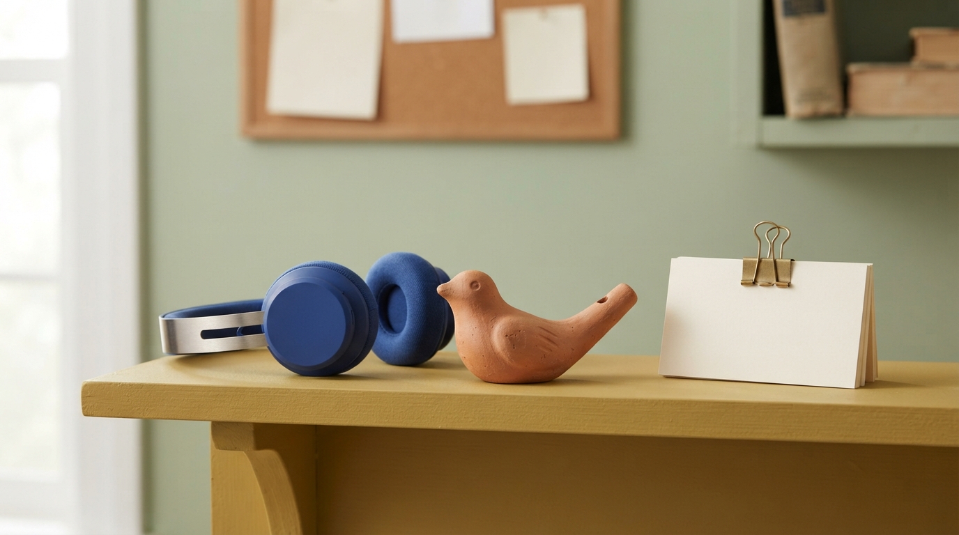 An unlettered terracotta ceramic bird whistle beside closed cobalt-blue headphones and blank cream index cards on a yellow shelf against a softly lit sage-green craft-room wall.