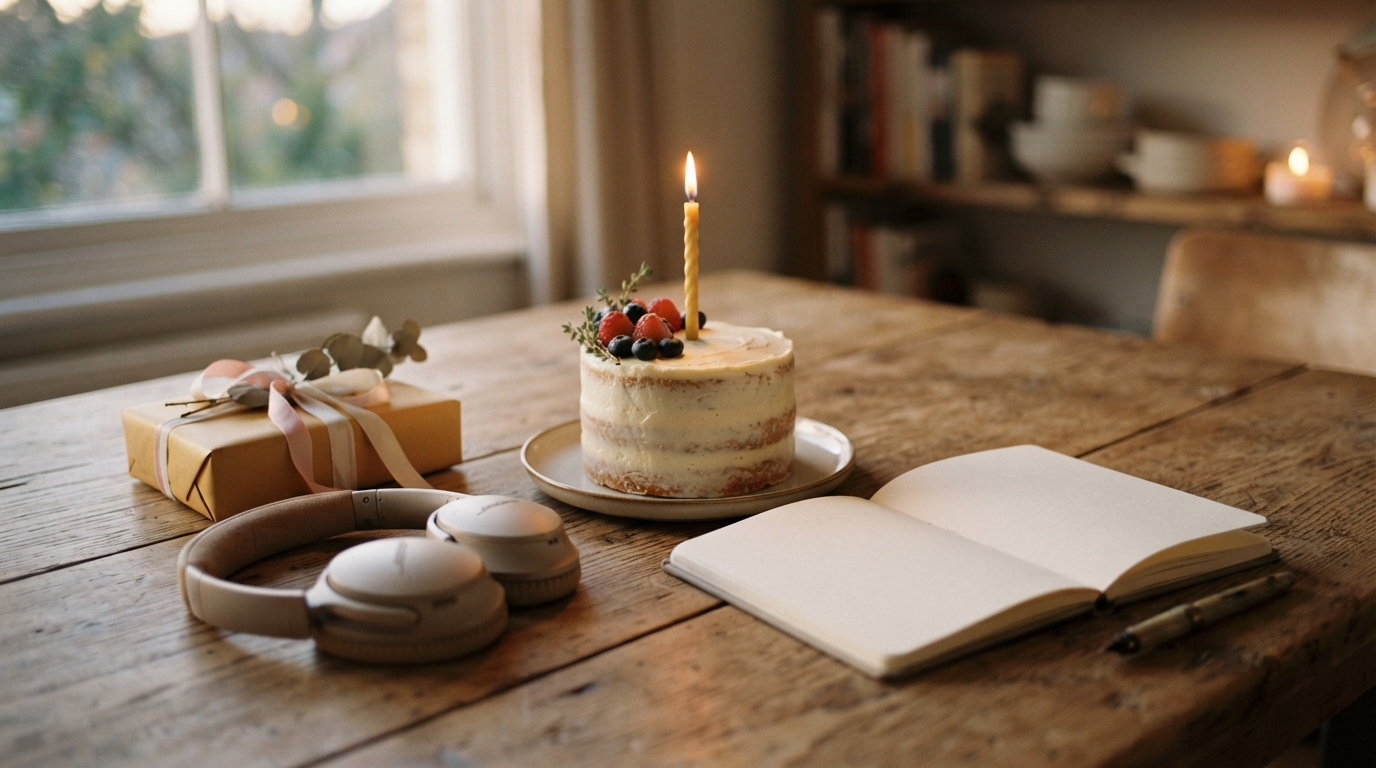 A birthday cake, headphones, a blank memory notebook, and a wrapped gift on a warm table
