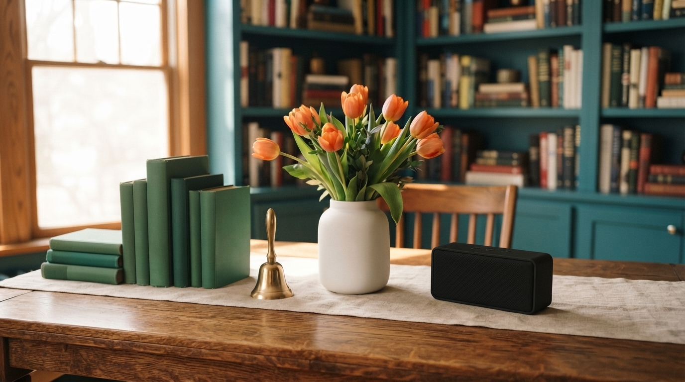A sunlit library celebration table with emerald-green books, a brass handbell, orange tulips in a white vase, and a compact black speaker against a teal bookcase.