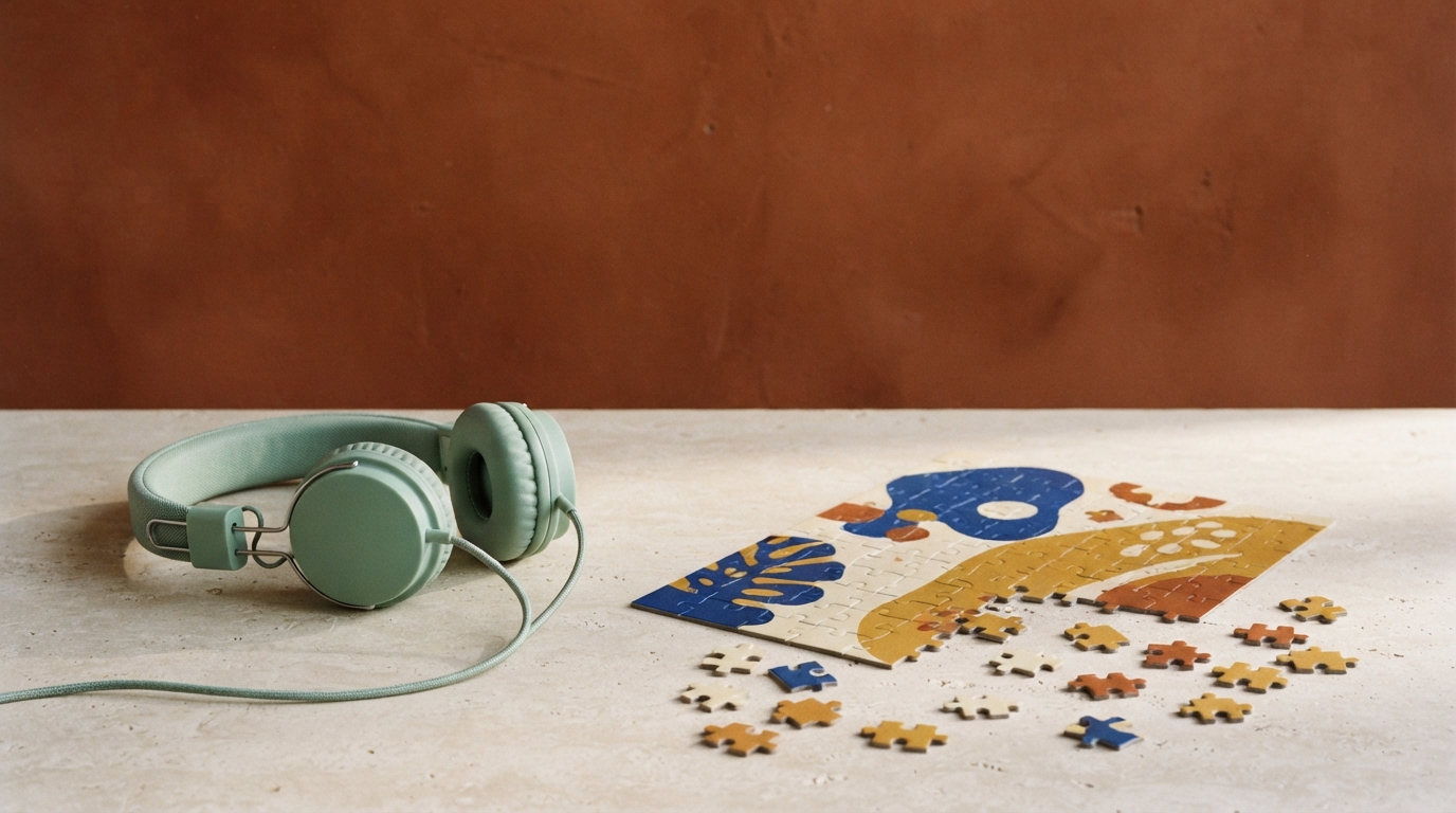Mint-green over-ear headphones beside a partially assembled cobalt-and-ochre jigsaw puzzle on a pale stone table, in soft late-afternoon light against a rust-colored wall.