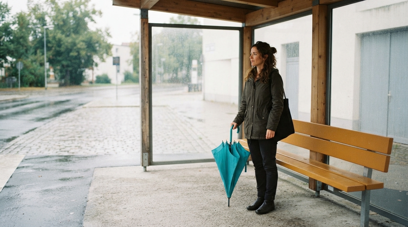 A fictional adult woman holding a folded turquoise umbrella beside an ochre bench in a covered shelter after rain, in soft daylight.